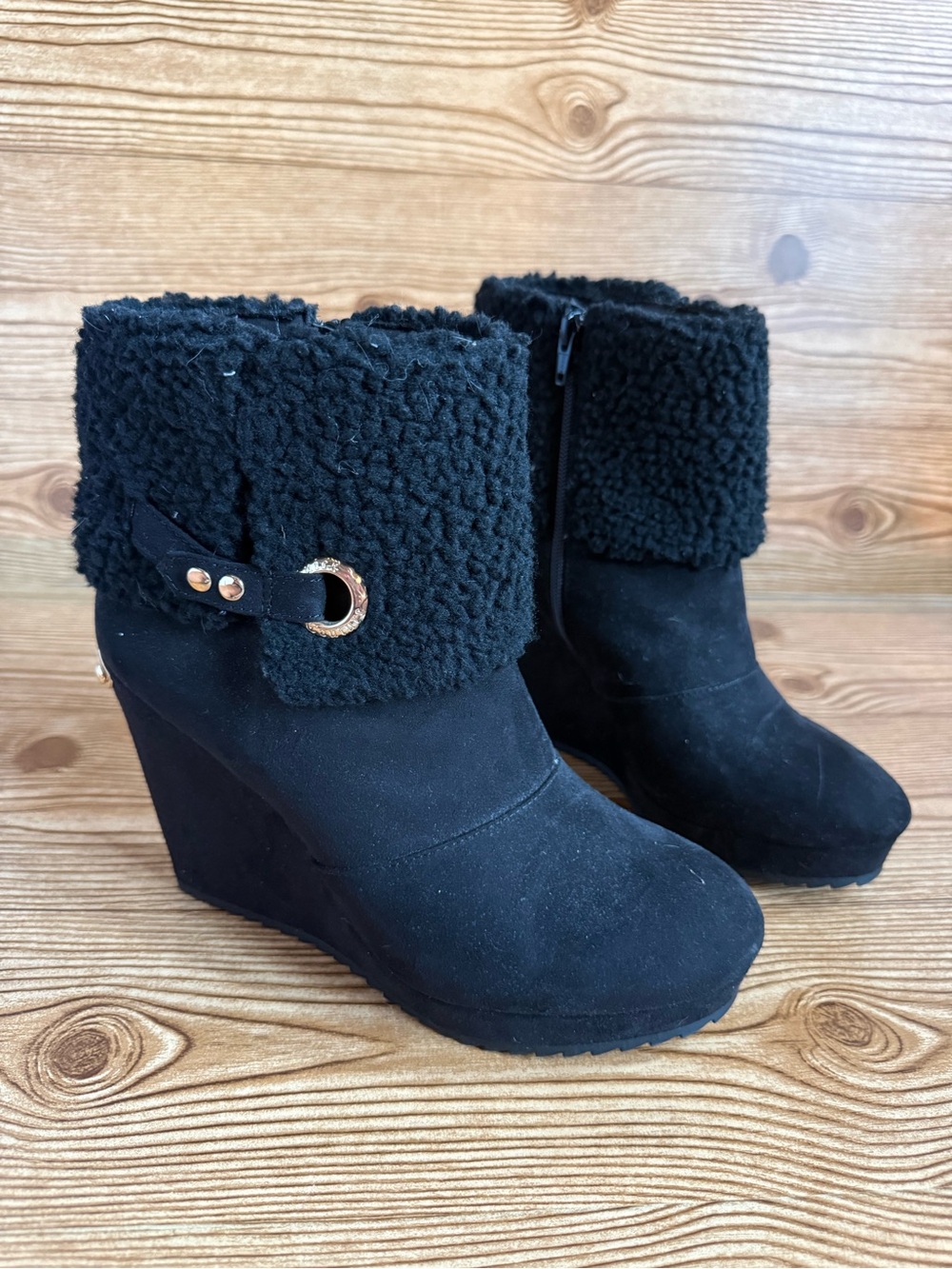 Juicy Couture Black Faux Shearling Cuff Wedge Ankle Boots